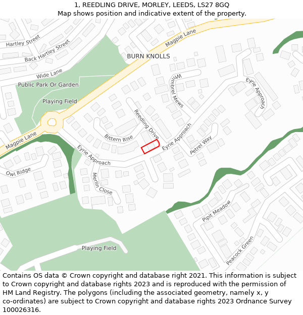 1, REEDLING DRIVE, MORLEY, LEEDS, LS27 8GQ: Location map and indicative extent of plot