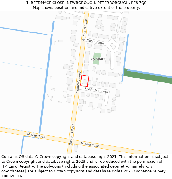 1, REEDMACE CLOSE, NEWBOROUGH, PETERBOROUGH, PE6 7QS: Location map and indicative extent of plot