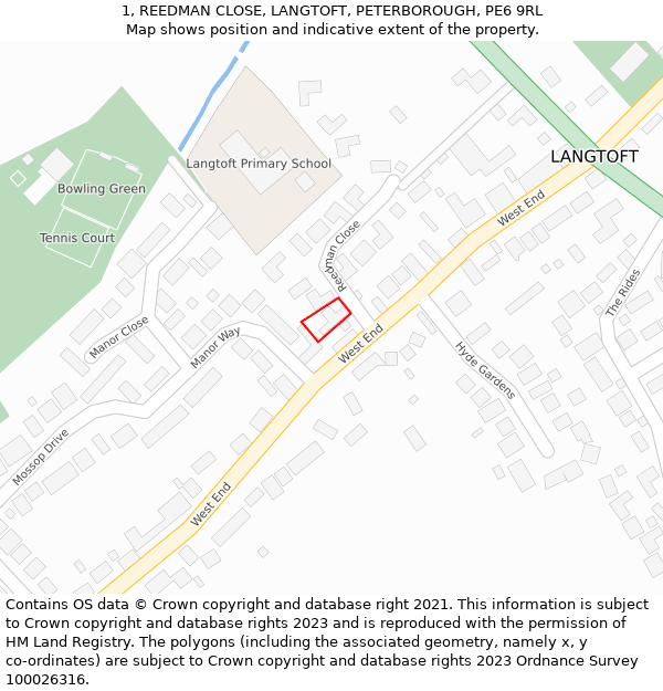 1, REEDMAN CLOSE, LANGTOFT, PETERBOROUGH, PE6 9RL: Location map and indicative extent of plot