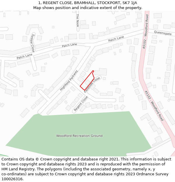 1, REGENT CLOSE, BRAMHALL, STOCKPORT, SK7 1JA: Location map and indicative extent of plot