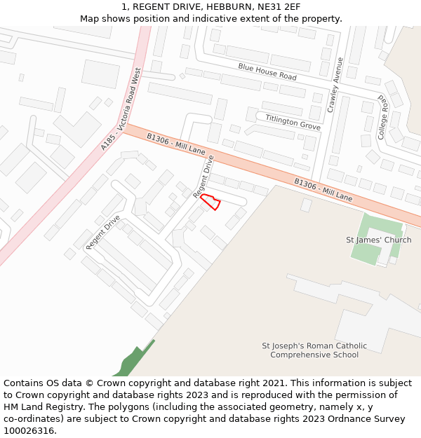 1, REGENT DRIVE, HEBBURN, NE31 2EF: Location map and indicative extent of plot
