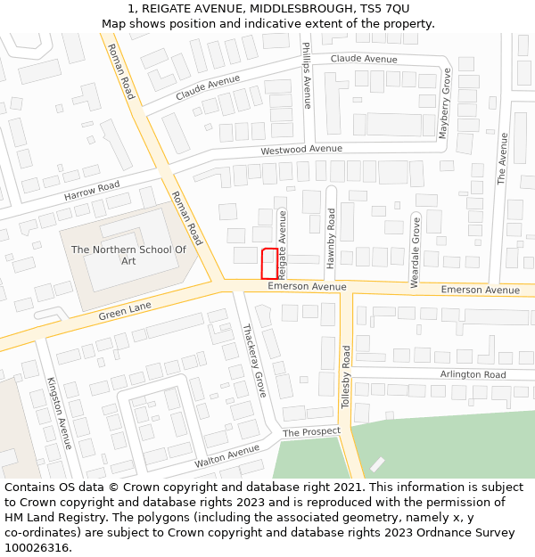 1, REIGATE AVENUE, MIDDLESBROUGH, TS5 7QU: Location map and indicative extent of plot