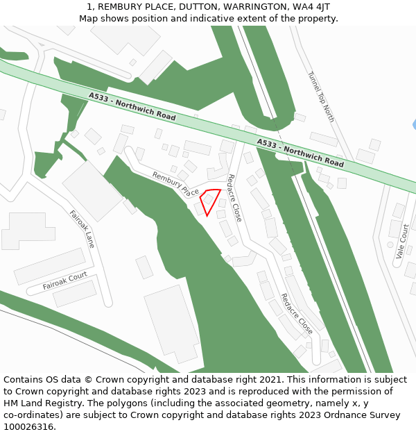 1, REMBURY PLACE, DUTTON, WARRINGTON, WA4 4JT: Location map and indicative extent of plot