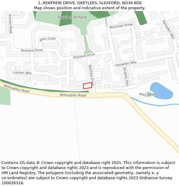 1, RENFREW DRIVE, GREYLEES, SLEAFORD, NG34 8GE: Location map and indicative extent of plot