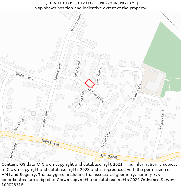 1, REVILL CLOSE, CLAYPOLE, NEWARK, NG23 5FJ: Location map and indicative extent of plot