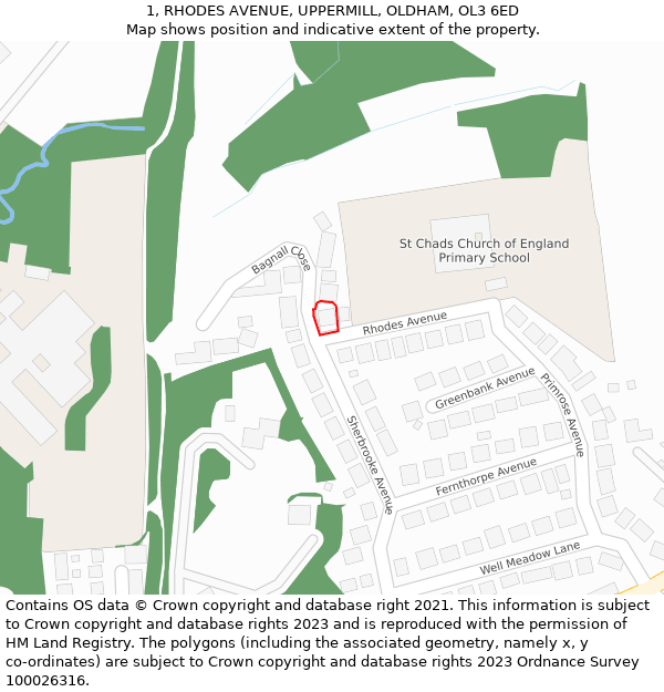 1, RHODES AVENUE, UPPERMILL, OLDHAM, OL3 6ED: Location map and indicative extent of plot