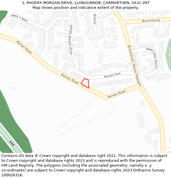 1, RHODFA MORGAN DRIVE, LLANGUNNOR, CARMARTHEN, SA31 2NT: Location map and indicative extent of plot