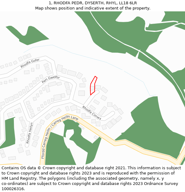 1, RHODFA PEDR, DYSERTH, RHYL, LL18 6LR: Location map and indicative extent of plot