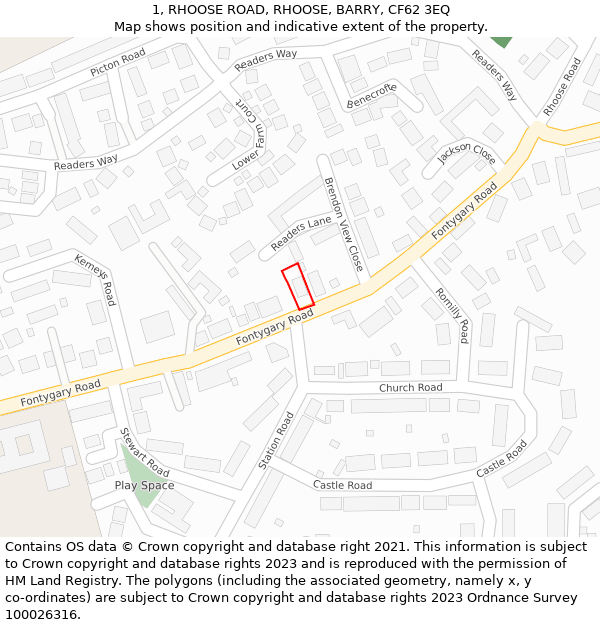 1, RHOOSE ROAD, RHOOSE, BARRY, CF62 3EQ: Location map and indicative extent of plot