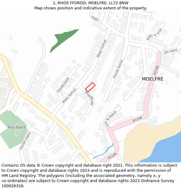 1, RHOS FFORDD, MOELFRE, LL72 8NW: Location map and indicative extent of plot