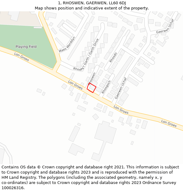 1, RHOSWEN, GAERWEN, LL60 6DJ: Location map and indicative extent of plot