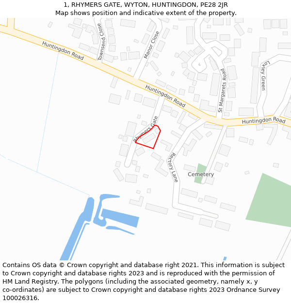 1, RHYMERS GATE, WYTON, HUNTINGDON, PE28 2JR: Location map and indicative extent of plot