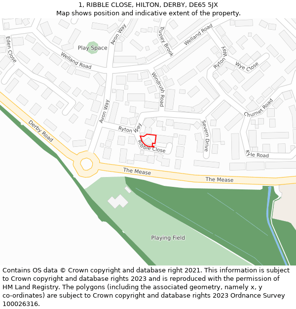 1, RIBBLE CLOSE, HILTON, DERBY, DE65 5JX: Location map and indicative extent of plot