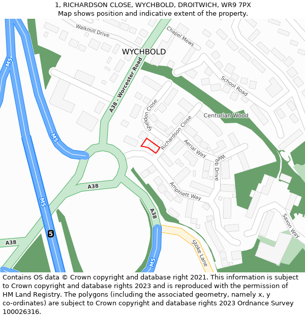 1, RICHARDSON CLOSE, WYCHBOLD, DROITWICH, WR9 7PX: Location map and indicative extent of plot