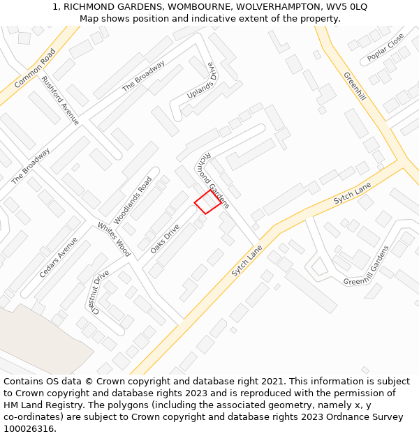 1, RICHMOND GARDENS, WOMBOURNE, WOLVERHAMPTON, WV5 0LQ: Location map and indicative extent of plot