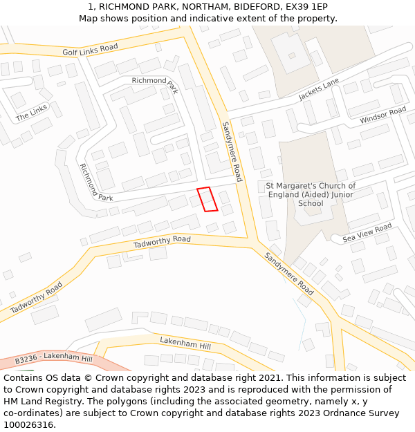 1, RICHMOND PARK, NORTHAM, BIDEFORD, EX39 1EP: Location map and indicative extent of plot