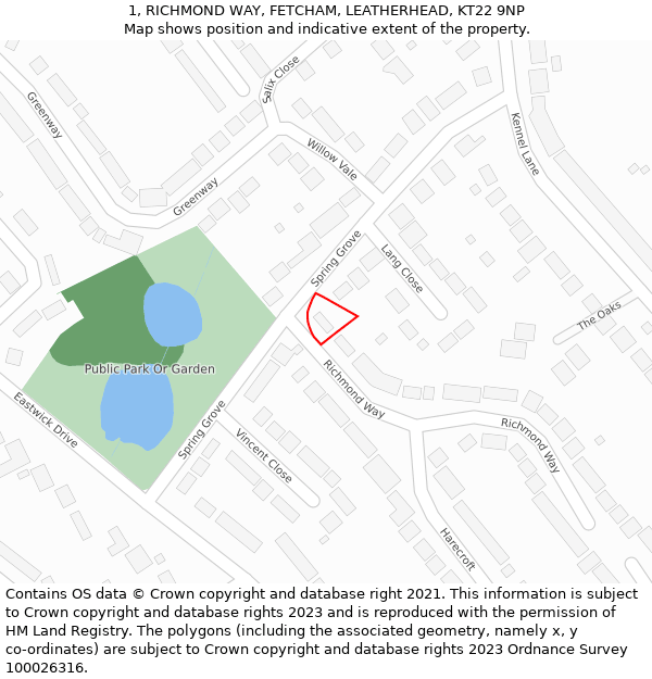 1, RICHMOND WAY, FETCHAM, LEATHERHEAD, KT22 9NP: Location map and indicative extent of plot