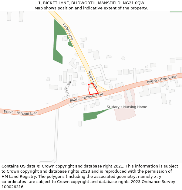 1, RICKET LANE, BLIDWORTH, MANSFIELD, NG21 0QW: Location map and indicative extent of plot