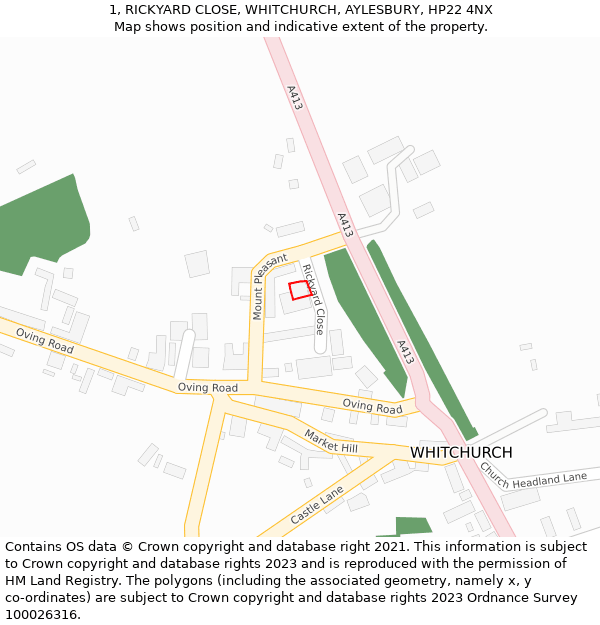 1, RICKYARD CLOSE, WHITCHURCH, AYLESBURY, HP22 4NX: Location map and indicative extent of plot