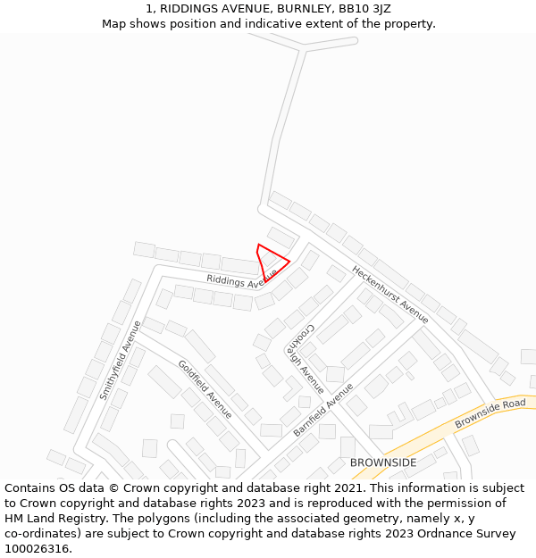 1, RIDDINGS AVENUE, BURNLEY, BB10 3JZ: Location map and indicative extent of plot