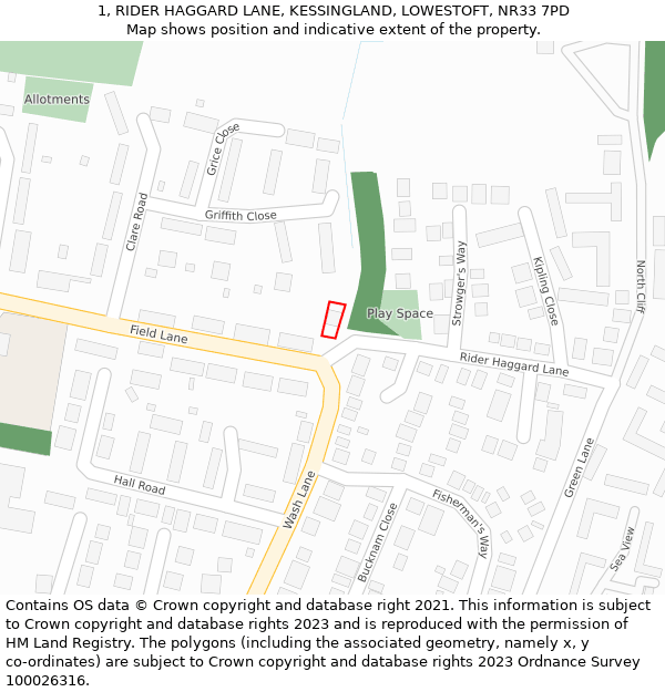 1, RIDER HAGGARD LANE, KESSINGLAND, LOWESTOFT, NR33 7PD: Location map and indicative extent of plot