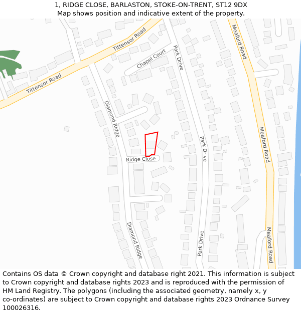 1, RIDGE CLOSE, BARLASTON, STOKE-ON-TRENT, ST12 9DX: Location map and indicative extent of plot
