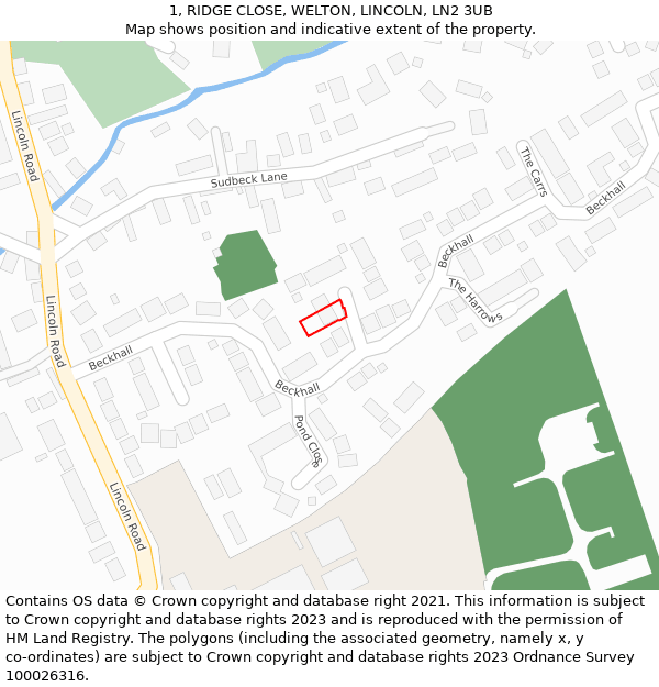 1, RIDGE CLOSE, WELTON, LINCOLN, LN2 3UB: Location map and indicative extent of plot