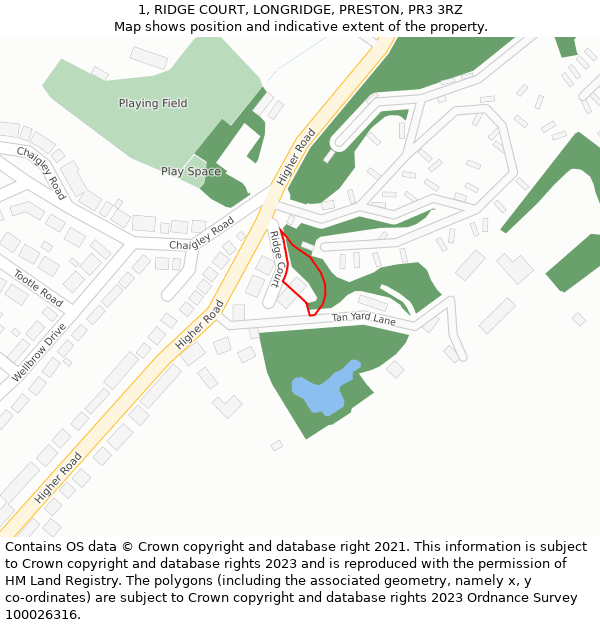 1, RIDGE COURT, LONGRIDGE, PRESTON, PR3 3RZ: Location map and indicative extent of plot