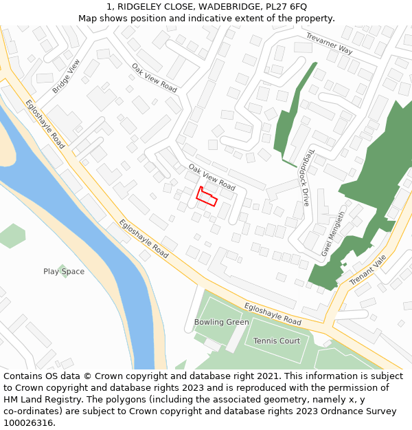 1, RIDGELEY CLOSE, WADEBRIDGE, PL27 6FQ: Location map and indicative extent of plot