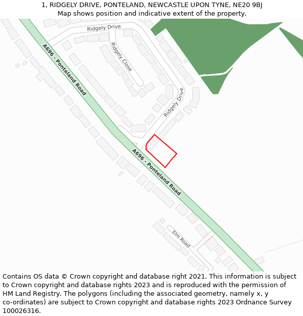 1, RIDGELY DRIVE, PONTELAND, NEWCASTLE UPON TYNE, NE20 9BJ: Location map and indicative extent of plot