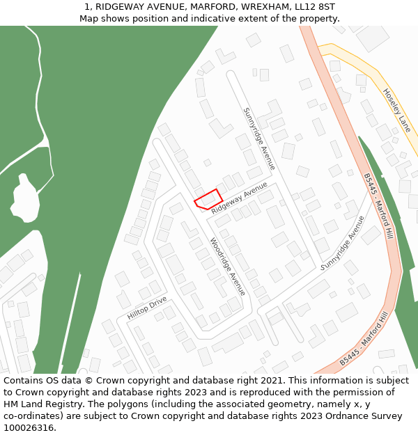 1, RIDGEWAY AVENUE, MARFORD, WREXHAM, LL12 8ST: Location map and indicative extent of plot