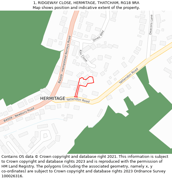 1, RIDGEWAY CLOSE, HERMITAGE, THATCHAM, RG18 9RA: Location map and indicative extent of plot