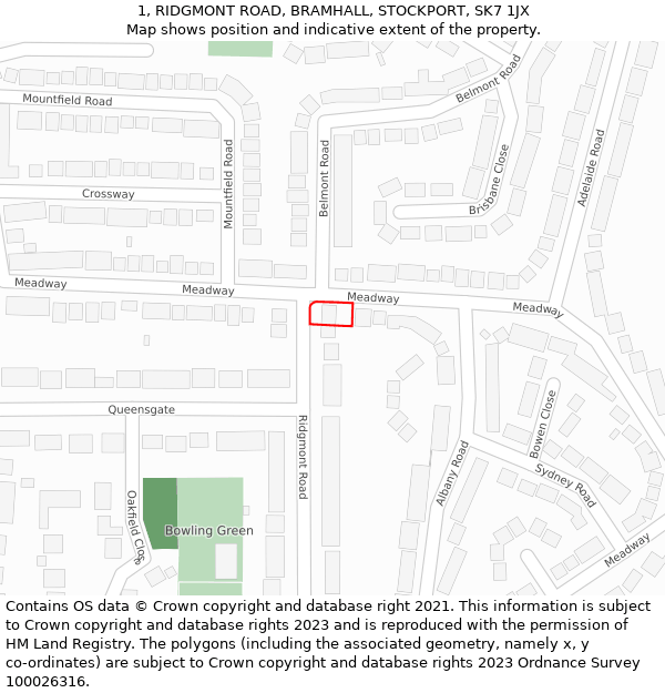 1, RIDGMONT ROAD, BRAMHALL, STOCKPORT, SK7 1JX: Location map and indicative extent of plot