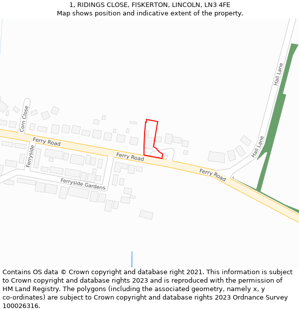 1, RIDINGS CLOSE, FISKERTON, LINCOLN, LN3 4FE: Location map and indicative extent of plot