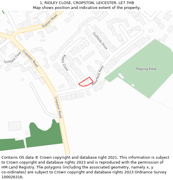 1, RIDLEY CLOSE, CROPSTON, LEICESTER, LE7 7HB: Location map and indicative extent of plot