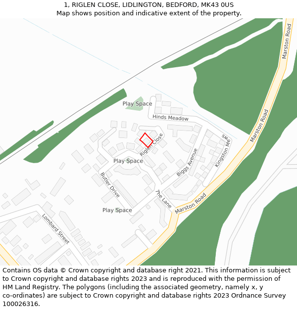 1, RIGLEN CLOSE, LIDLINGTON, BEDFORD, MK43 0US: Location map and indicative extent of plot