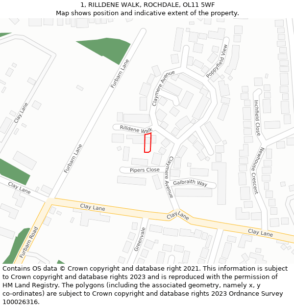 1, RILLDENE WALK, ROCHDALE, OL11 5WF: Location map and indicative extent of plot