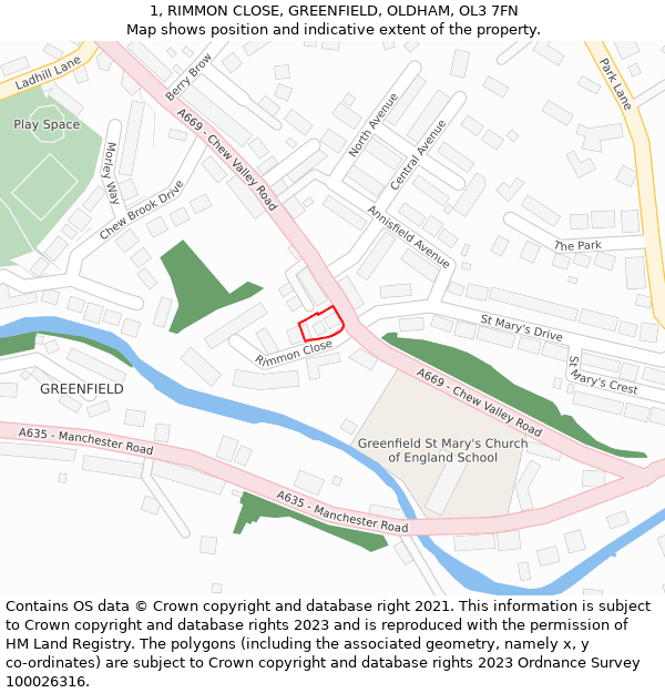 1, RIMMON CLOSE, GREENFIELD, OLDHAM, OL3 7FN: Location map and indicative extent of plot