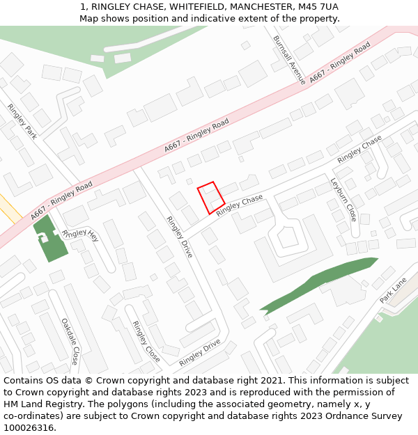 1, RINGLEY CHASE, WHITEFIELD, MANCHESTER, M45 7UA: Location map and indicative extent of plot