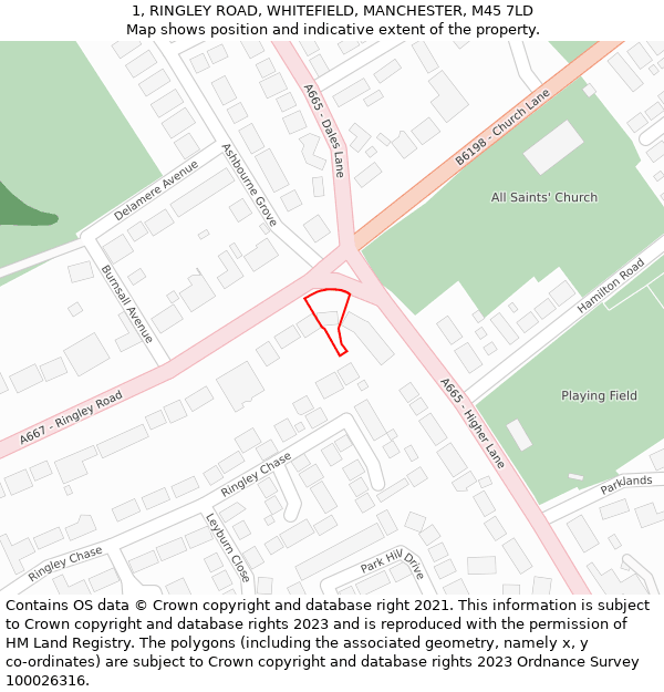1, RINGLEY ROAD, WHITEFIELD, MANCHESTER, M45 7LD: Location map and indicative extent of plot