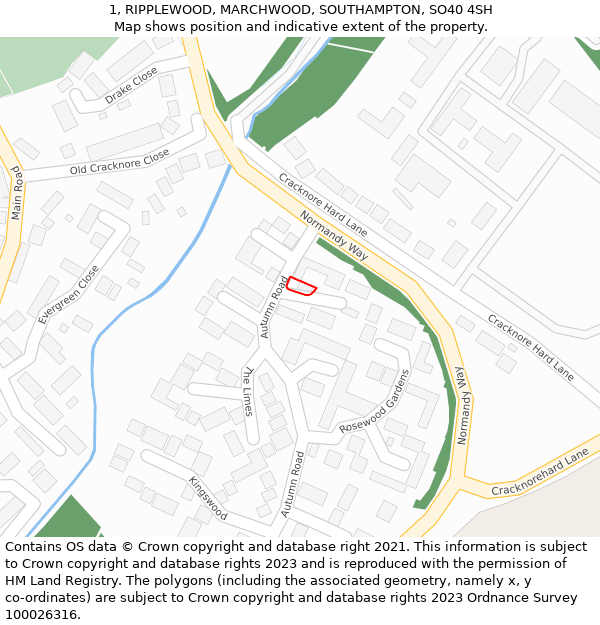 1, RIPPLEWOOD, MARCHWOOD, SOUTHAMPTON, SO40 4SH: Location map and indicative extent of plot