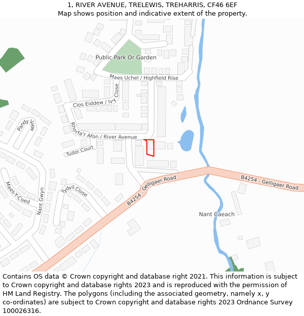 1, RIVER AVENUE, TRELEWIS, TREHARRIS, CF46 6EF: Location map and indicative extent of plot