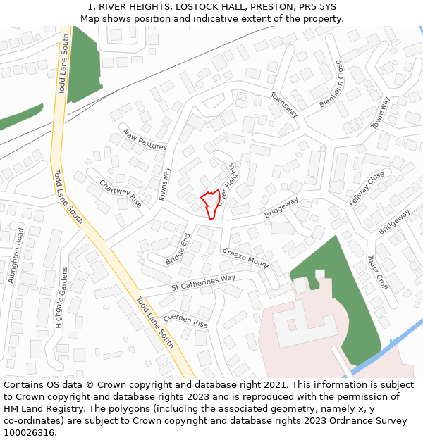 1, RIVER HEIGHTS, LOSTOCK HALL, PRESTON, PR5 5YS: Location map and indicative extent of plot