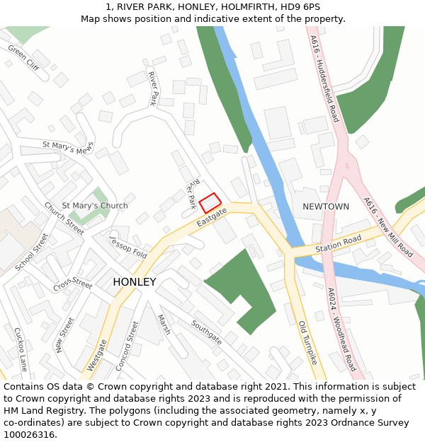 1, RIVER PARK, HONLEY, HOLMFIRTH, HD9 6PS: Location map and indicative extent of plot