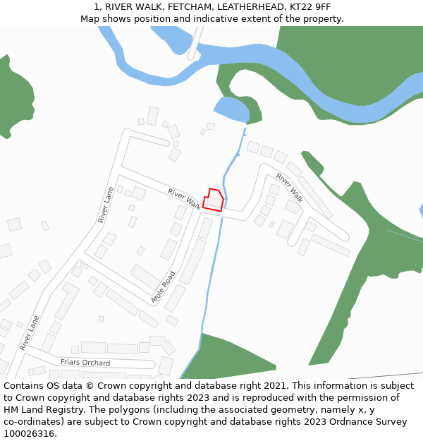 1, RIVER WALK, FETCHAM, LEATHERHEAD, KT22 9FF: Location map and indicative extent of plot