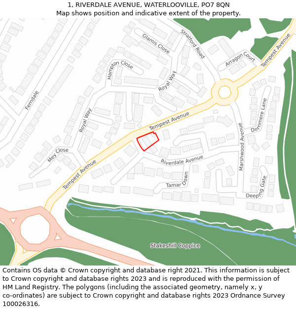 1, RIVERDALE AVENUE, WATERLOOVILLE, PO7 8QN: Location map and indicative extent of plot