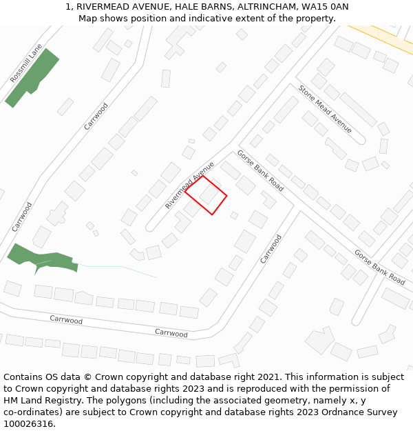 1, RIVERMEAD AVENUE, HALE BARNS, ALTRINCHAM, WA15 0AN: Location map and indicative extent of plot