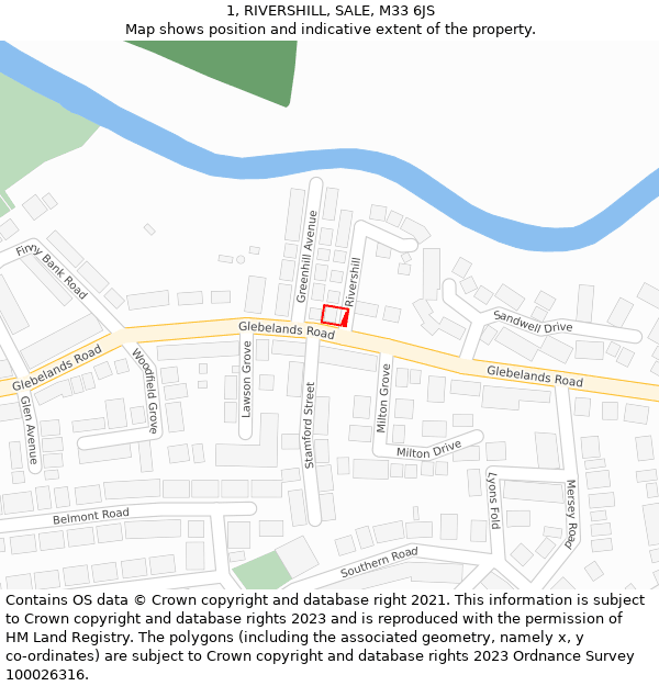 1, RIVERSHILL, SALE, M33 6JS: Location map and indicative extent of plot