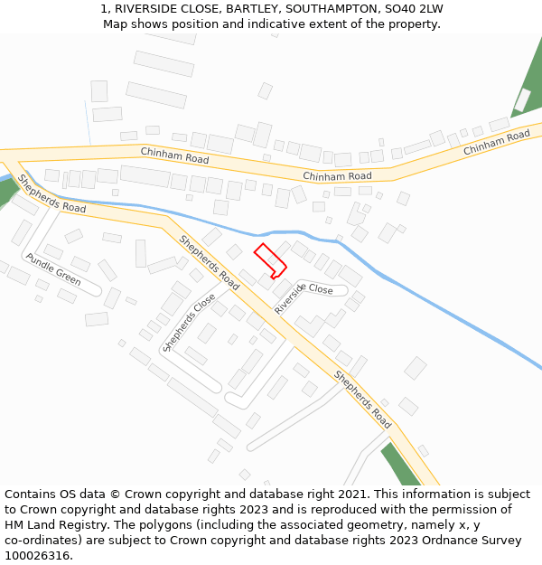 1, RIVERSIDE CLOSE, BARTLEY, SOUTHAMPTON, SO40 2LW: Location map and indicative extent of plot