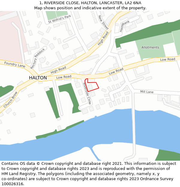 1, RIVERSIDE CLOSE, HALTON, LANCASTER, LA2 6NA: Location map and indicative extent of plot